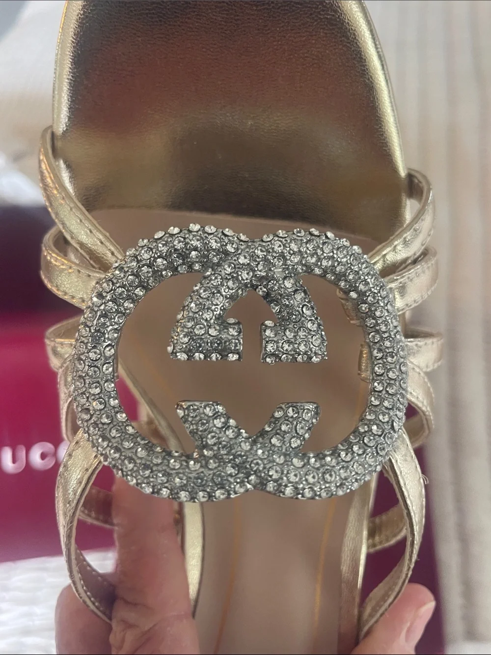 Gucci Gold Crystal Interlocking G Slide Sandals
